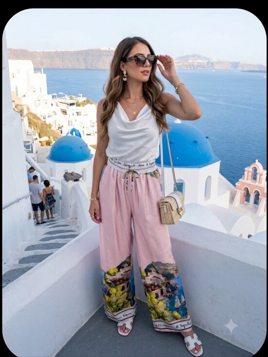 Pants - Made In Italy Wide-Leg Printed Summer Pants in Olive with Lemon Motif